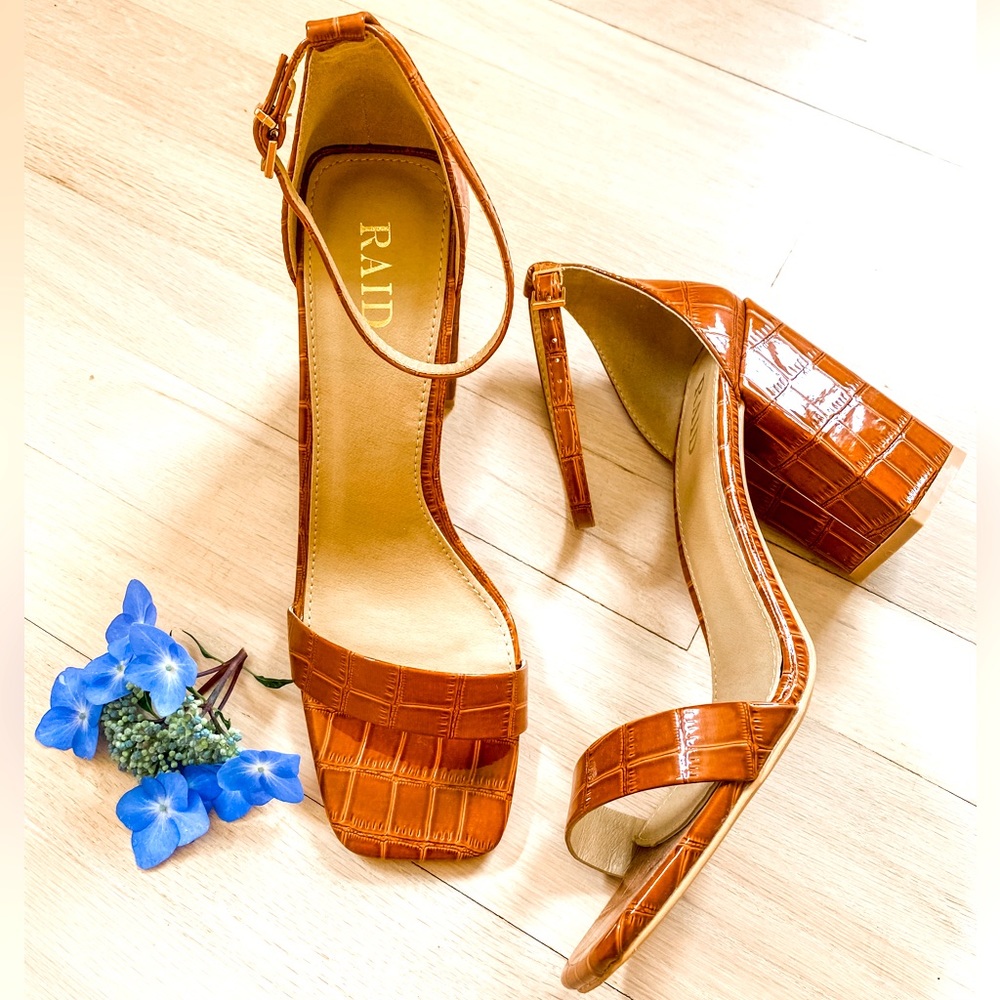 Lulus Raelynn Croc Patent Square Toe Ankle Strap Heels *NEW*